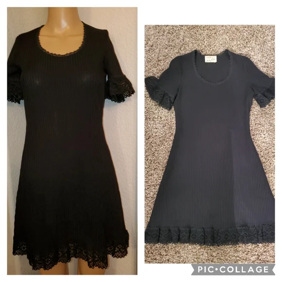 Womens Vintage Union Made Dress 70s Black knit S small macrame lace Judy Gibbs - Picture 2 of 15
